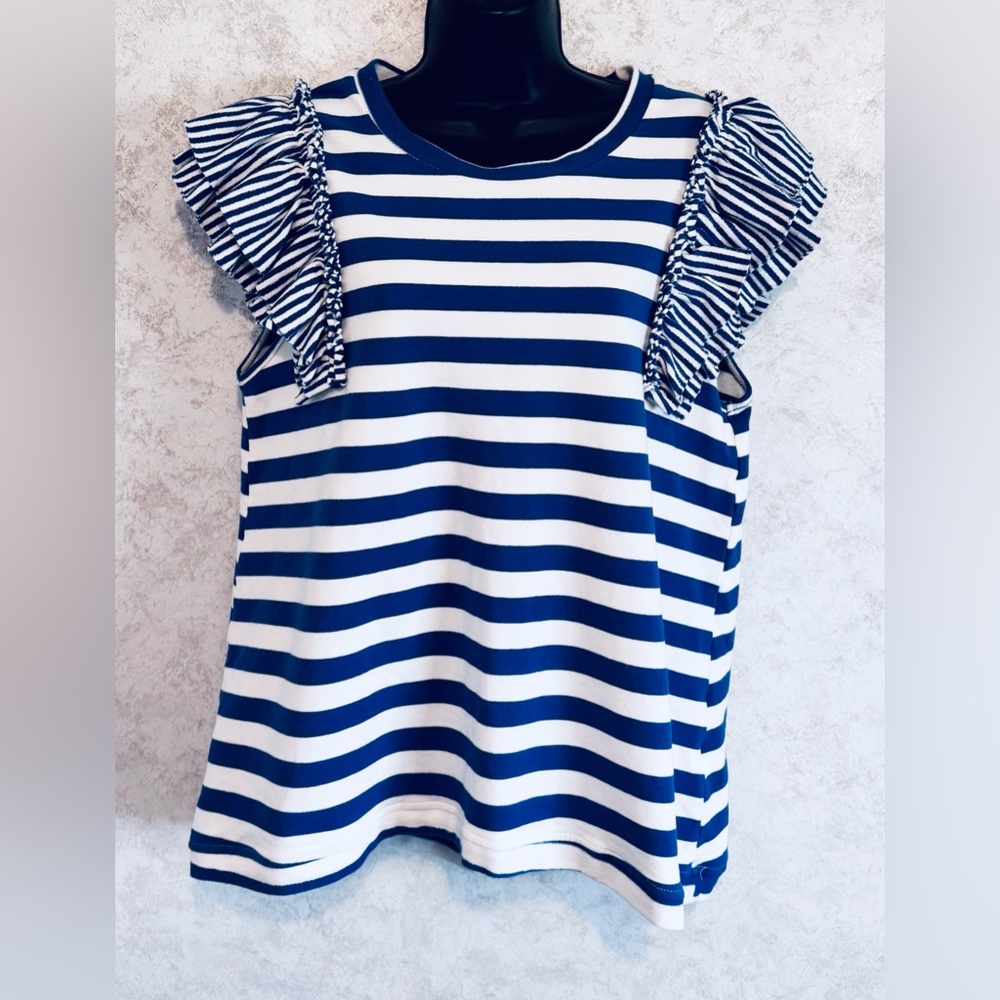 Style U Ladies Pull Over Top Blue White Stripe Ruffled Sleeves Size Medium Stret